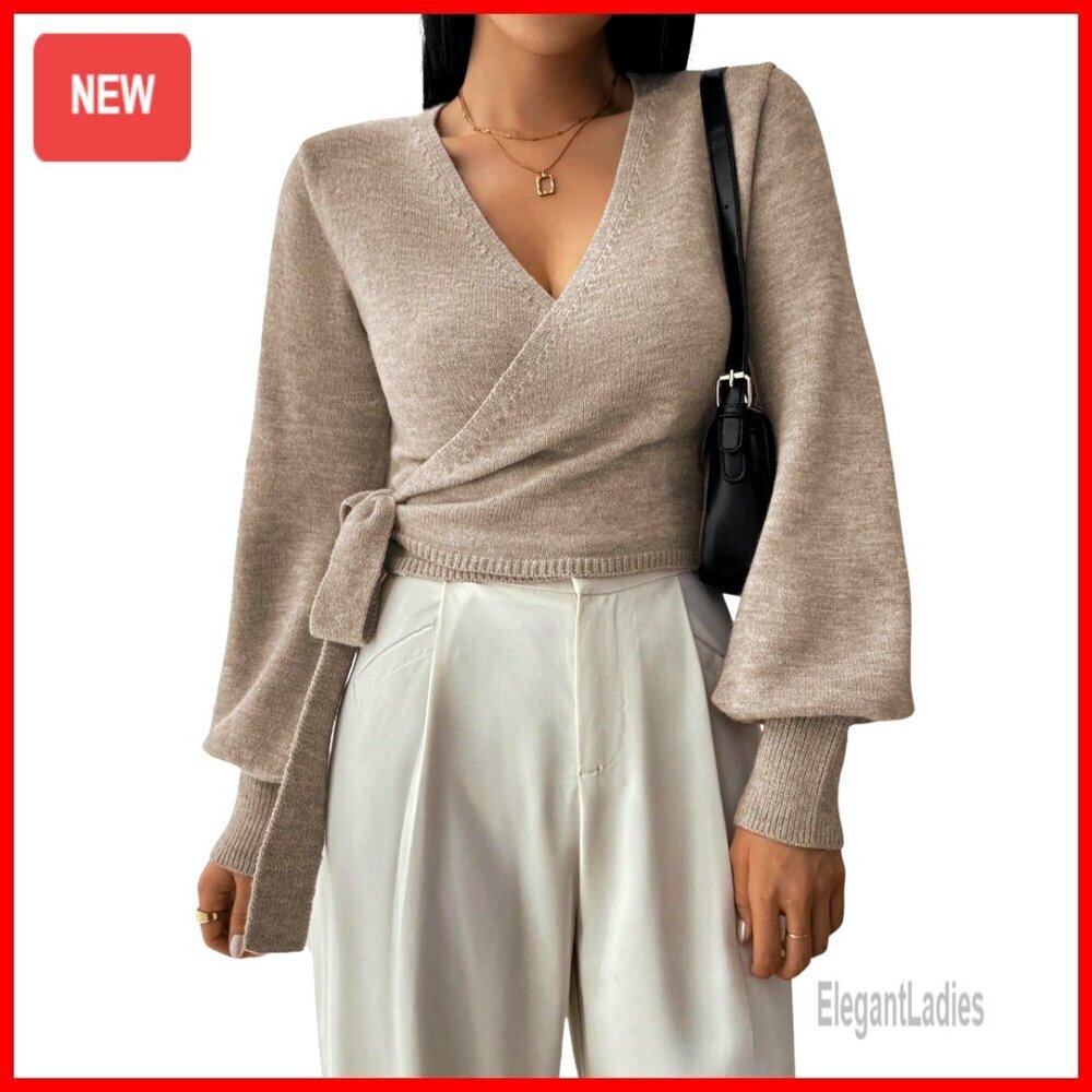 Long Sleeve V Neck Wrap Belted Sweater Crop Top Office Knitwear